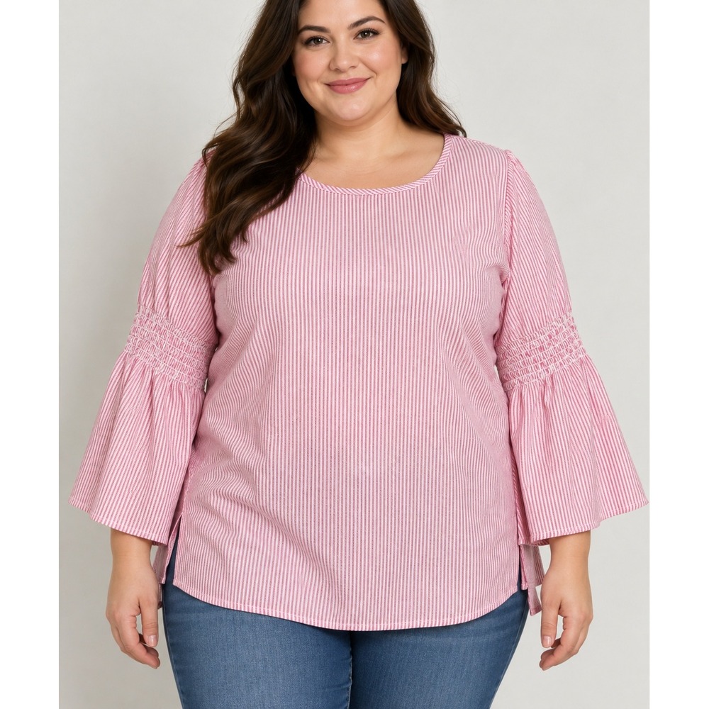 Zac & Rachel Woman Pink White Striped Bell Sleeve Smocked Blouse 2X